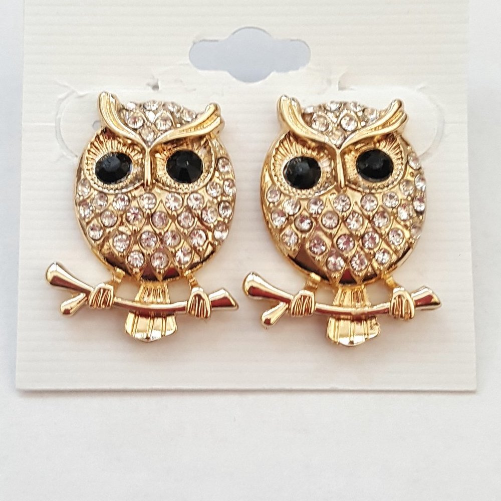 Gold Plated Austrian Crystal Owl Earrings on Posts